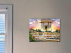 Canvas print of a temple with a sunset background on a wall.